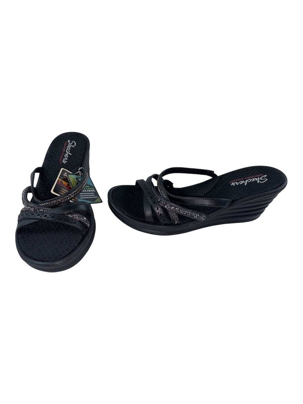 Skechers Black Memory Foam Wedge Sandals Size 8 NWT